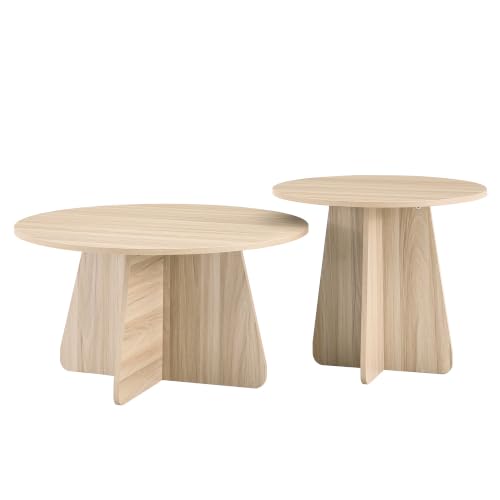 2-Piece Round Nesting Coffee Table Set, Mid-Century Modern Walnut Finish