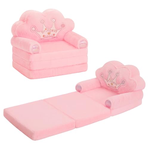 Foldable Toddler Sofa Chair, Soft Rabbit Fur Crown Kids Couch - Pink