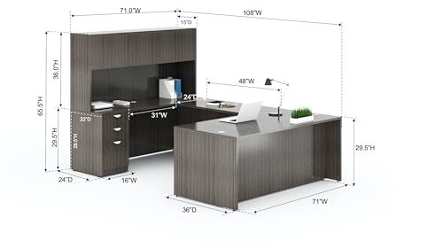 Boss Office Products 71-Inch Executive U-Shape Desk with Storage Hutch & Pedestal, Driftwood