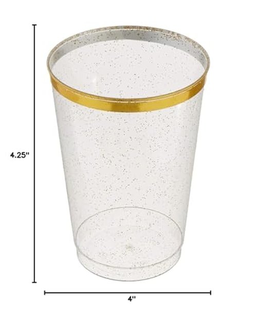12oz Hard Plastic Party Cups – Perfect for Home, Office, Bars, Weddings, Showers, Birthdays, Anniversaries, and Parties Durable & Stylish Old Fashioned Tumblers (Gold Glitter with gold rim, 50 Pack)