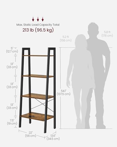 4-Tier Ladder Shelf, Rustic Industrial Bookcase Storage Rack for Home & Office