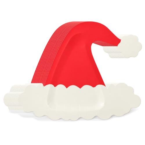 50PCS Christmas Santa Hat Paper Plates - Red Holiday Disposable Tableware