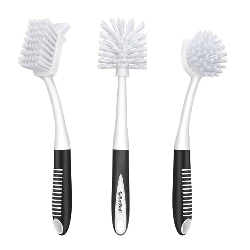 3-Piece Kitchen Dish & Bottle Brush Set with Scraper Tip & Long Handle