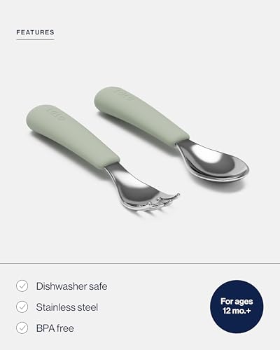 Toddler Fork and Spoon Set - Stainless Steel Ergonomic Flatware Sage
