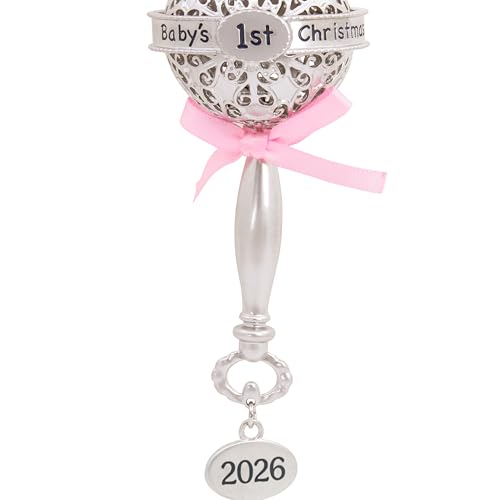 Hallmark Baby's First Christmas Ornament 2026 Pink Rattle - Silver Decor