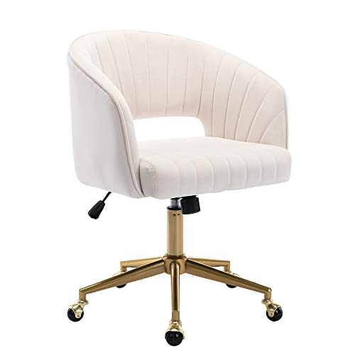 Cream Velvet Vanity Chair with Gold Base, Adjustable Swivel Desk Chair