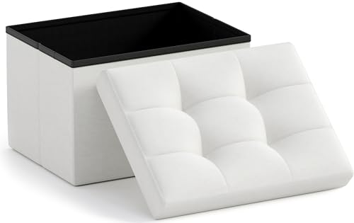 Small Storage Ottoman - Collapsible Linen Footrest Stool, White (12x16x12)