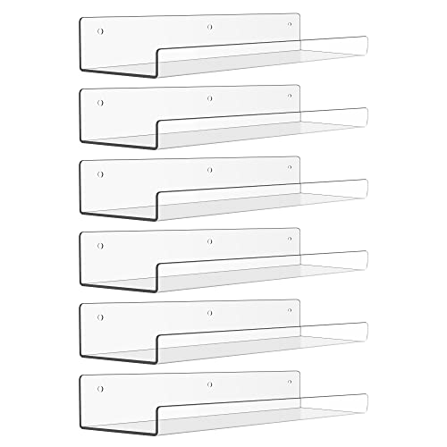 Clear Acrylic Floating Shelves for Wall - 15x4 Inch Display Ledge, 6 Pack