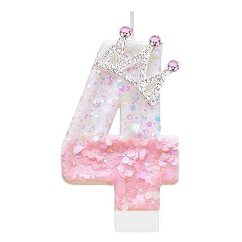 Pink Birthday Number 4 Candle with Crown - Princess Party Cake Topper