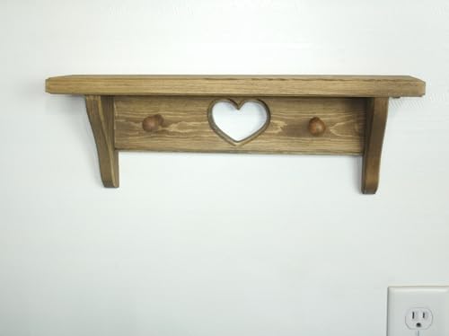 16-Inch Rustic Wooden Wall Shelf with Heart and Pegs, Walnut Stained