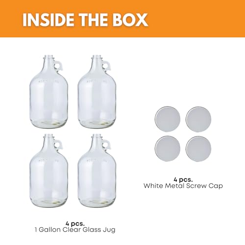 Fastrack 4-Pack 1 Gallon Glass Jug Set (128 oz) w/ White Metal Caps | Multipurpose 1 Gallon Jug, & Detergent Dispenser for Laundry, Glass Jar for Liquids, Water & Juice