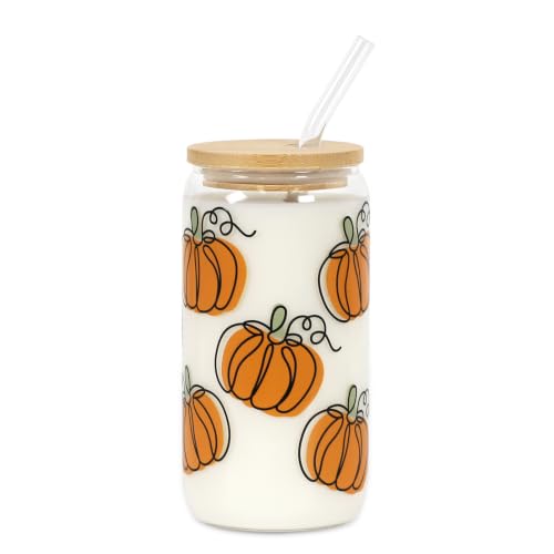 Joyseller 18oz Fall Pumpkin Iced Coffee Glass Cup with Lid & Straw - Orange