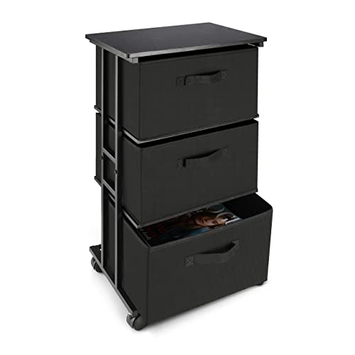 3-Drawer Fabric Storage Tower - Rolling Slim Dresser Organizer (Black)