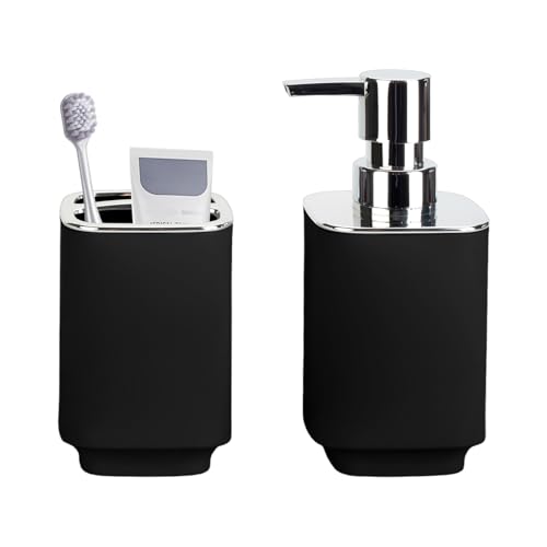 2-Piece Black Bathroom Accessory Set: Soap Dispenser & Toothbrush Holder