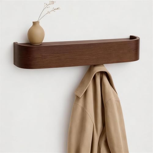 Solid Wood Wall Mounted Coat Rack with Shelf and 5 Hooks - Walnut Finish