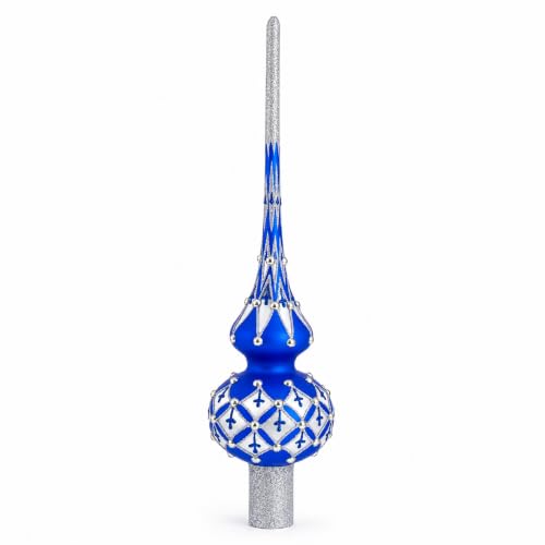 Silver Diamonds on Blue Glass Christmas Tree Topper 11 Inches – Hand-Painted