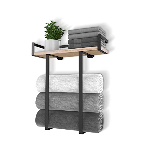 Wall Mounted Towel Rack with Wooden Shelf - Black Metal Bathroom Organizer