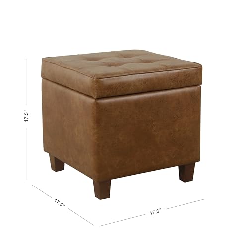 Square Tufted Storage Ottoman in Distressed Brown Faux Leather