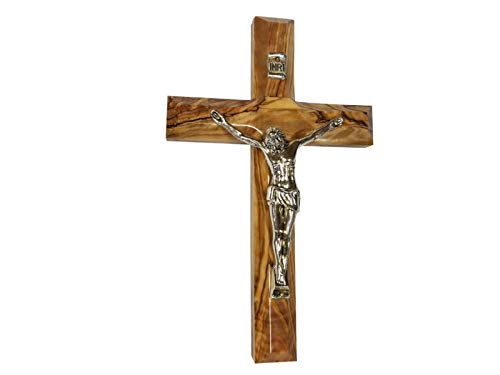 8-Inch Handcarved Olive Wood Crucifix with Silver Corpus