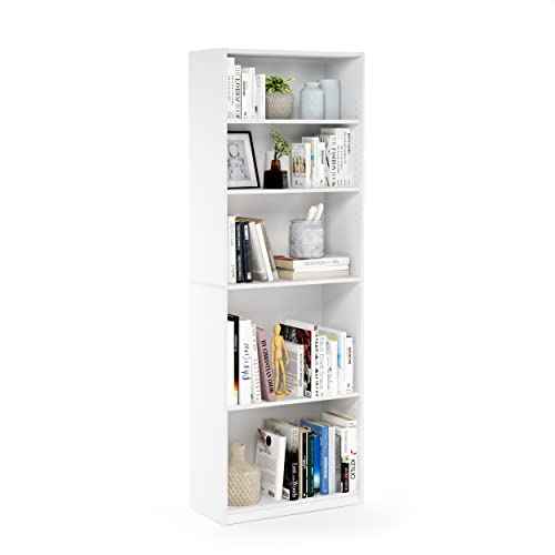 5-Tier Tall Bookshelf with Adjustable Shelves, White Storage Bookcase
