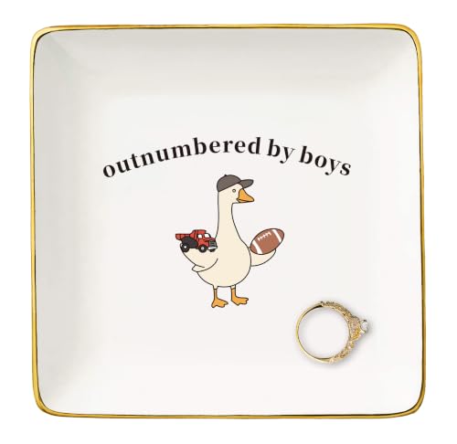 Boy Mom Jewelry Tray - Outnumbered by Boys Gift for Moms of Boys - 4 Inch Ceramic Organizer