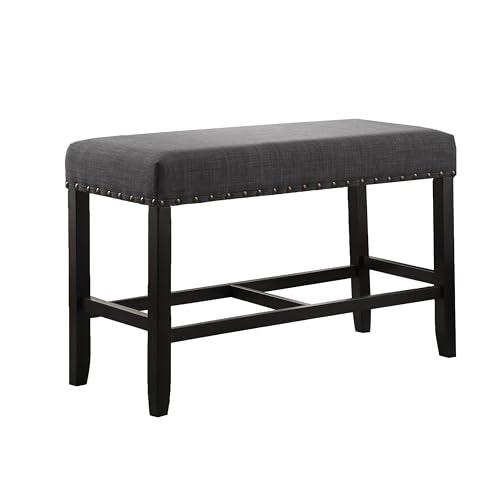 Upholstered Counter Height Dining Bench with Nailhead Trim, Grey