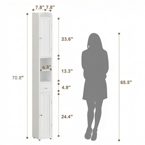 Tall Narrow Bathroom Storage Cabinet with Drawer and Adjustable Shelves