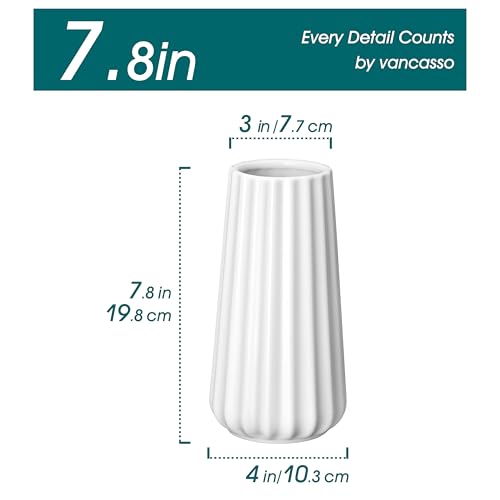 Modern White Ceramic Flower Vase - 7.8 Inch Ribbed Decorative Vase