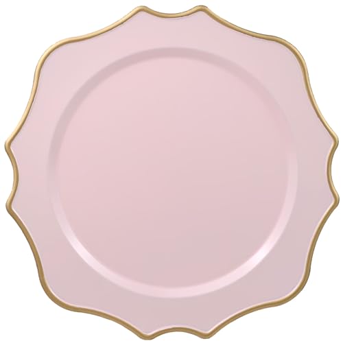 Omuriko 12-Piece Pink Scalloped Plastic Dinner Plate Set for Weddings & Holidays, 13 Inch
