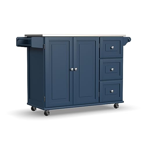Mobile Kitchen Island Cart with Stainless Steel Top & Storage, Blue