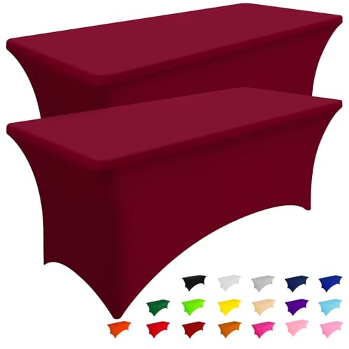Smiry 2 Pack Elastic Fitted 8FT Tablecloth Wine Red 30" x 96"