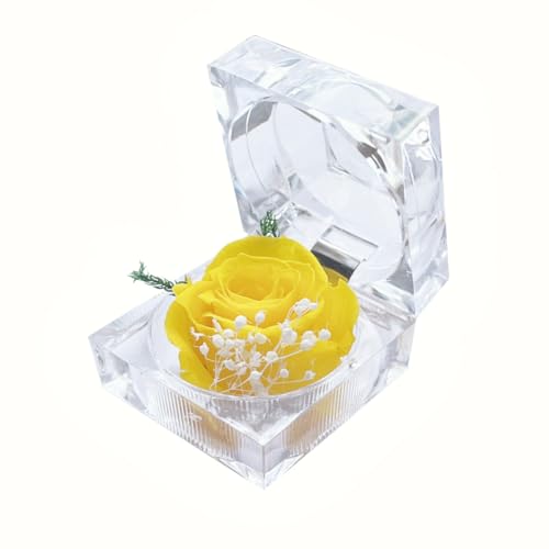 Preserved Yellow Real Rose in Clear Acrylic Ring Box for Gifts