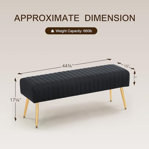 44-Inch Black Velvet Upholstered Ottoman Bench with Gold Metal Legs