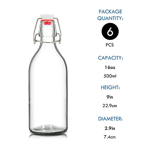 Clear Swing Top Glass Bottles with Airtight Lids, 16 oz 6 Pack