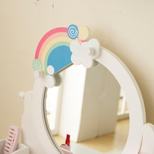 Kids Vanity Table Set with Stool and 7 Makeup Accessories, Rainbow Design