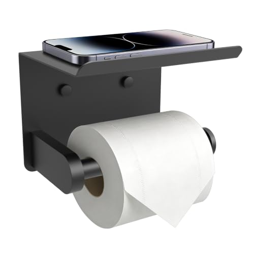 Matte Black Toilet Paper Holder with Shelf - Stainless Steel Wall Mount