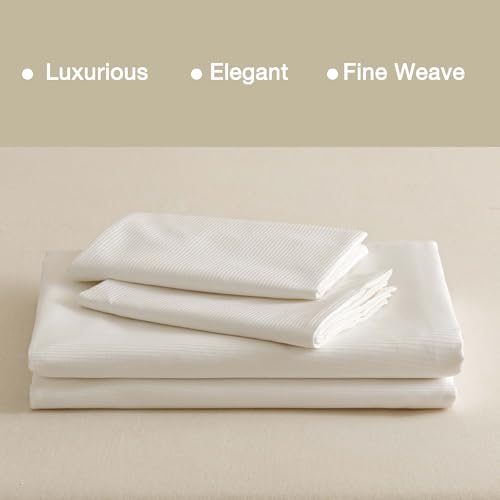 100% Cotton Jacquard Duvet Cover Queen Set, 90x90 Inch, White Striped
