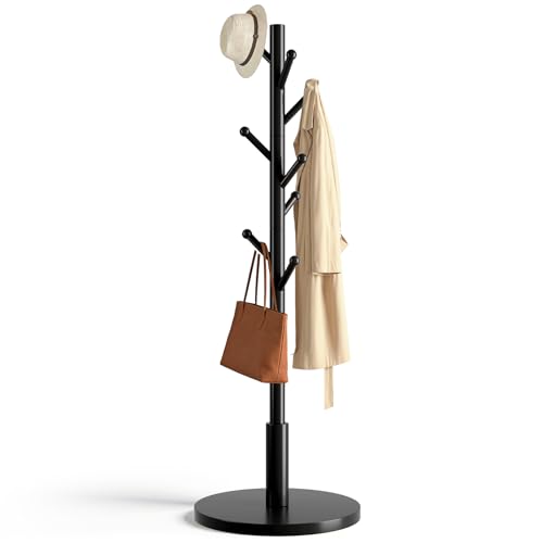 Freestanding Wooden Coat Rack with 8 Hooks & Adjustable Heights - Entryway & Bedroom Stand