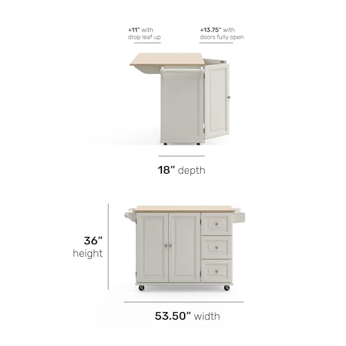 Mobile Kitchen Island Cart with Wood Drop Leaf & Storage Drawers, Off-White