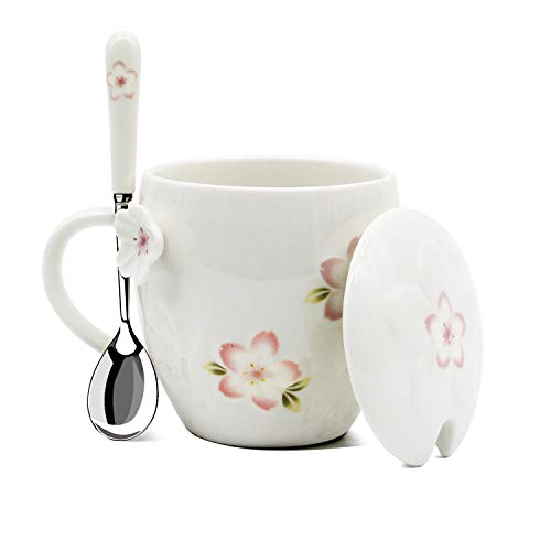 White 13oz Kawaii Tea Cup with Lid & Spoon - Cherry Blossom Mug, Handmade Ceramic Gift