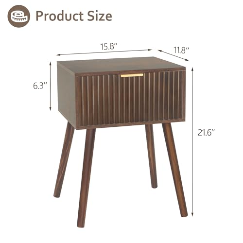 Mid-Century Fluted Nightstand with Drawer and Open Shelf, Walnut Finish