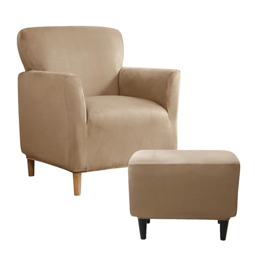 Stretch Velvet Armchair and Ottoman Slipcovers Set - Non-Slip