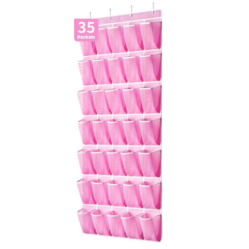 35-Pocket Over the Door Shoe Organizer with Mesh Pockets & Hooks, Pink
