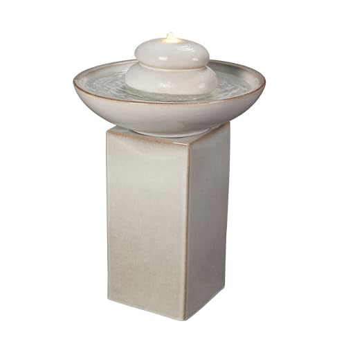 Ivory Ceramic Outdoor Water Fountain with Warm White LED Lights