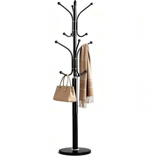 Freestanding Metal Coat Rack with Marble Base - 12 Hooks, Black