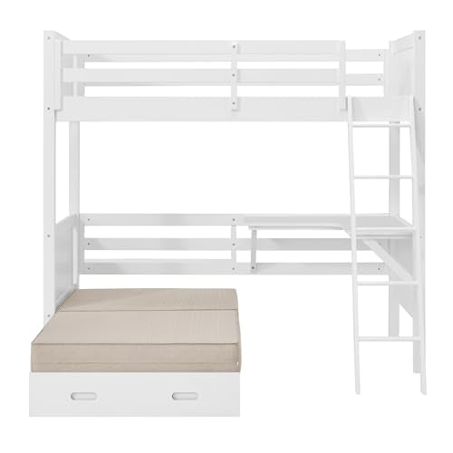 Twin Size Loft Bed with Built-in Desk and Fold-Out Futon, White