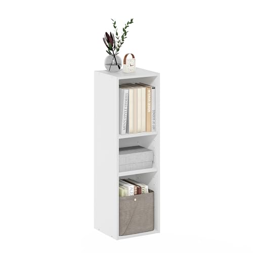 Furinno Fulda Narrow 3-Tier White Bookshelf, 10W, Adjustable Shelves, Small Space Storage