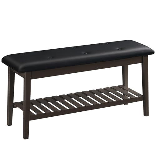 2-Tier Bamboo Dining Bench with PU Leather Seat, 39-Inch Entryway Bench
