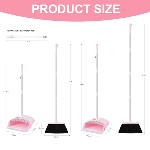 Long Handle Broom and Dustpan Set with Built-In Comb Teeth - Pink