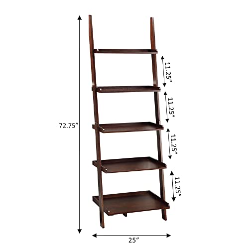 5-Tier Ladder Bookshelf, Espresso Wood Storage Display Unit, 72-Inch